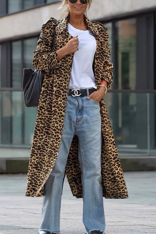 Brown Leopard Print long Trench Coat