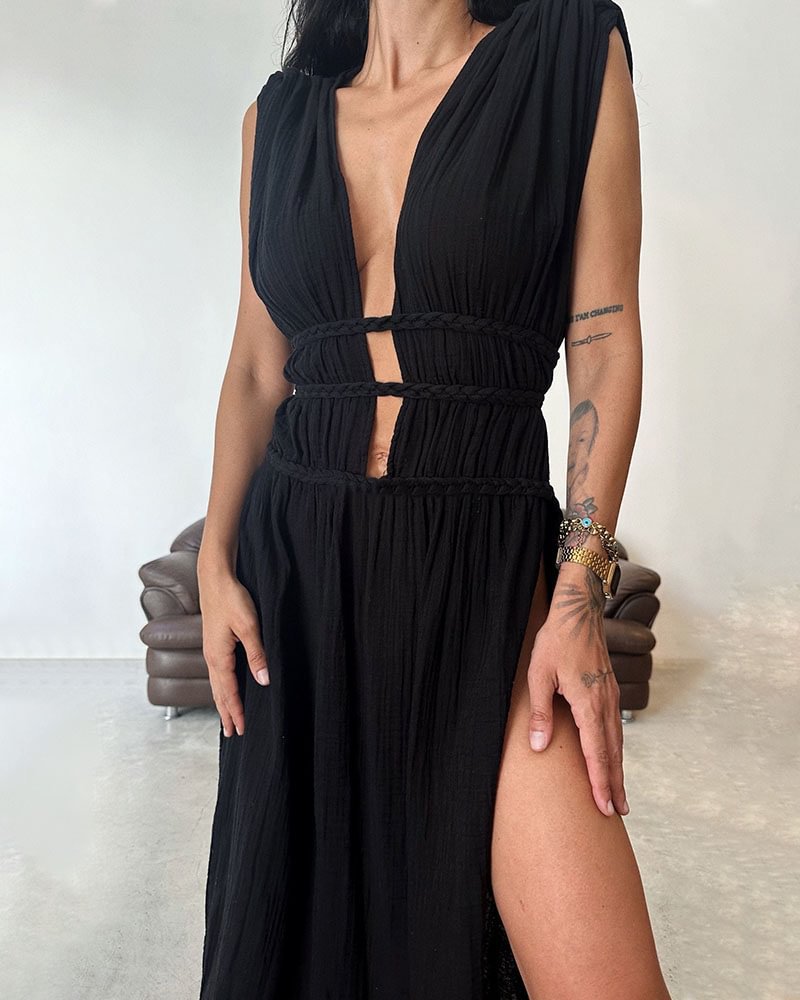 Pleated Linen Sleeveless Braided Trim Maxi Dress