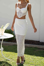 White Crochet Lace Tank Top and Skirt Two Piece Suit