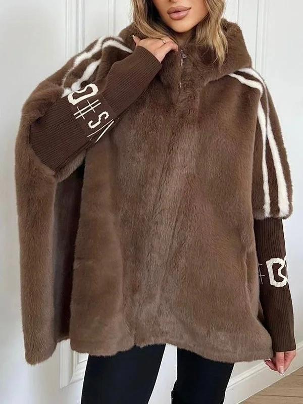 Elastic sleeves Vertical Stripe Printed Plush Hooded Coat