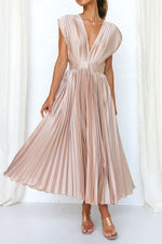 Satin Pleated V-Neck Midi Dress