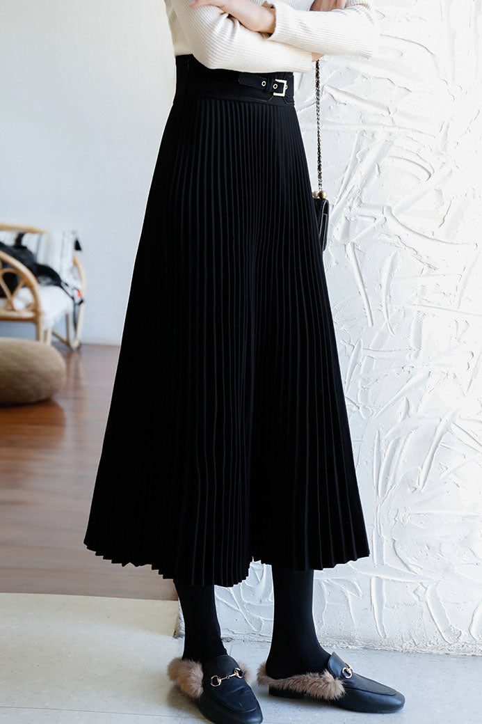 Solid Color Pleated Midi Skirt