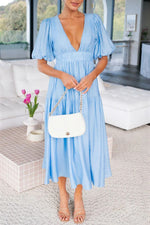 Solid Puff Sleeve Midi Dress