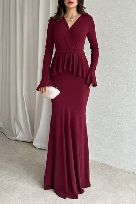 Elegant Long Sleeved Peplum Slim Fit Maxi dress