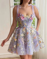 Purple Embroidered Floral Shoulder-Tie Mini Dress