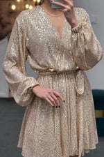 Sequin Long Sleeves Waist-Tie Mini Dress