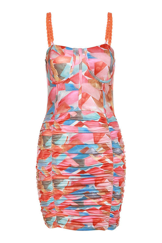 Colorful Floral Mosaic Ruched Mini Dress