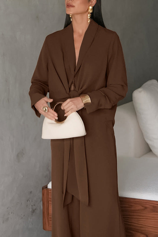 Long-sleeved Front-Tie Top and Pants Two Piece Set