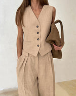 Casual Linen V-neck Vest and Pants Two Piece Suit