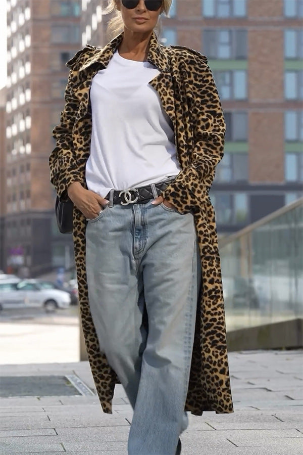 Brown Leopard Print long Trench Coat