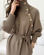 Buttoned Trim Knit Long Sleeves Sweater Dress