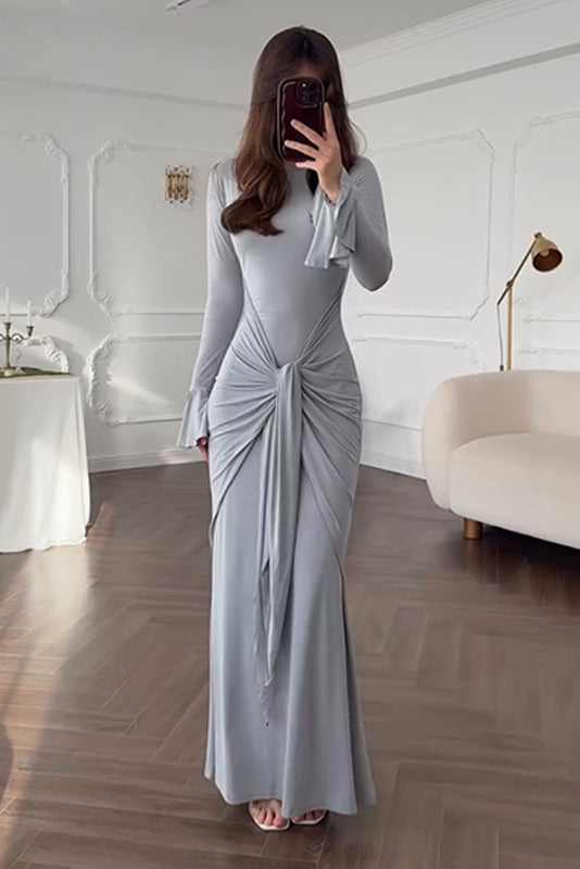 Fashionable Long Sleeves Waist Self-tie Maxi dress