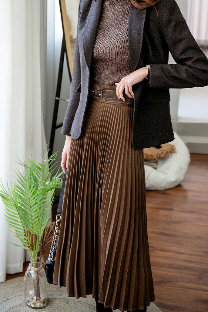 Solid Color Pleated Midi Skirt
