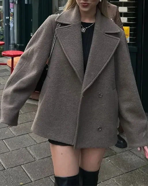 Grey Notched Lapel Woolen Coat