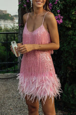 Fringed Sequined Feather-paneled Mini Dress