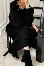 Buttoned Trim Knit Long Sleeves Sweater Dress