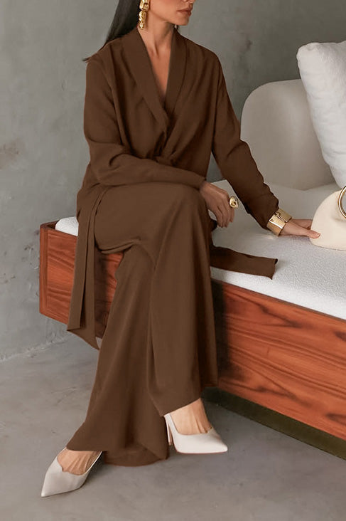 Long-sleeved Front-Tie Top and Pants Two Piece Set