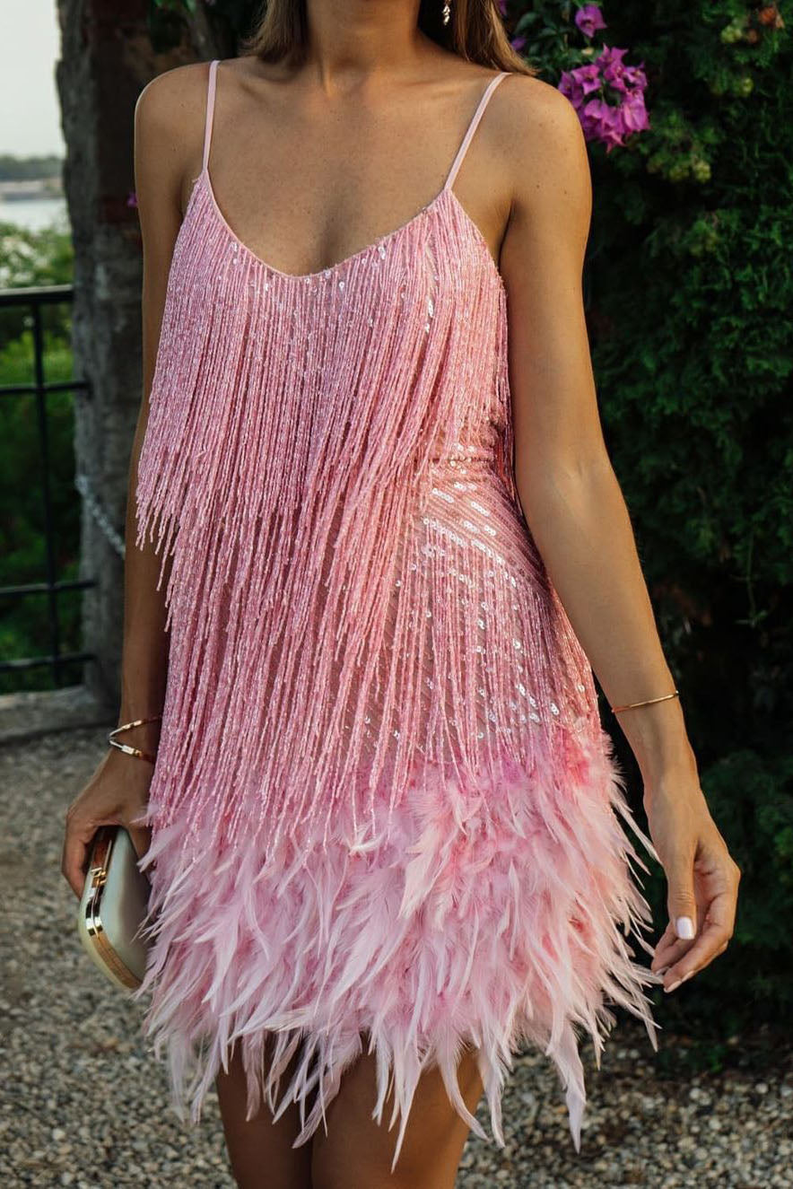 Sequin Fringed Feather-Hemline Mini Slip Dress