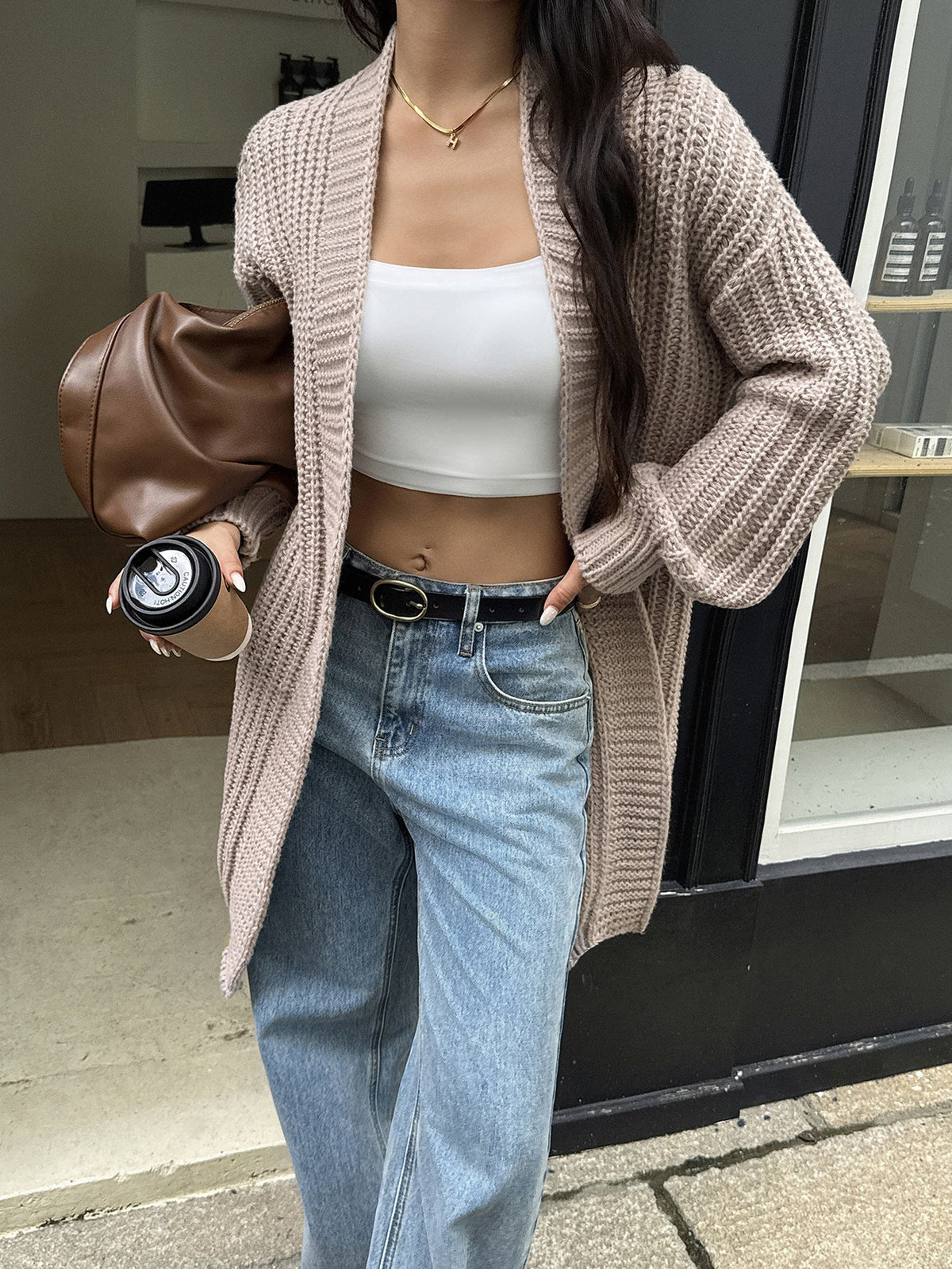 Chunky Knit Lantern-sleeved Long Cardigan