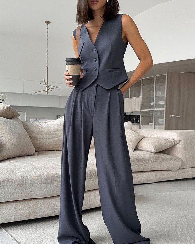 Sleek Sleeveless Vest with Wide-leg Trousers Two Piece Set