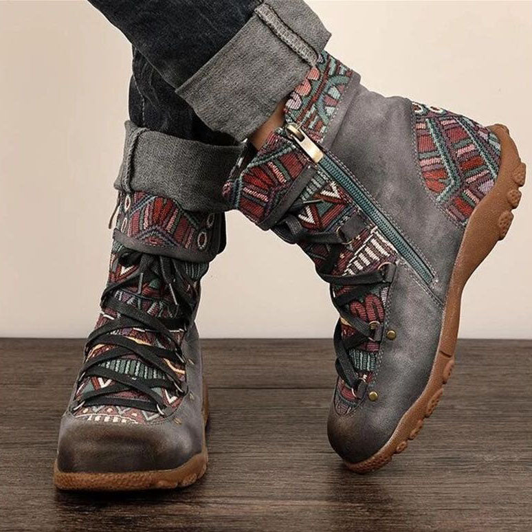 Ethnic Print Side Zipper Booties