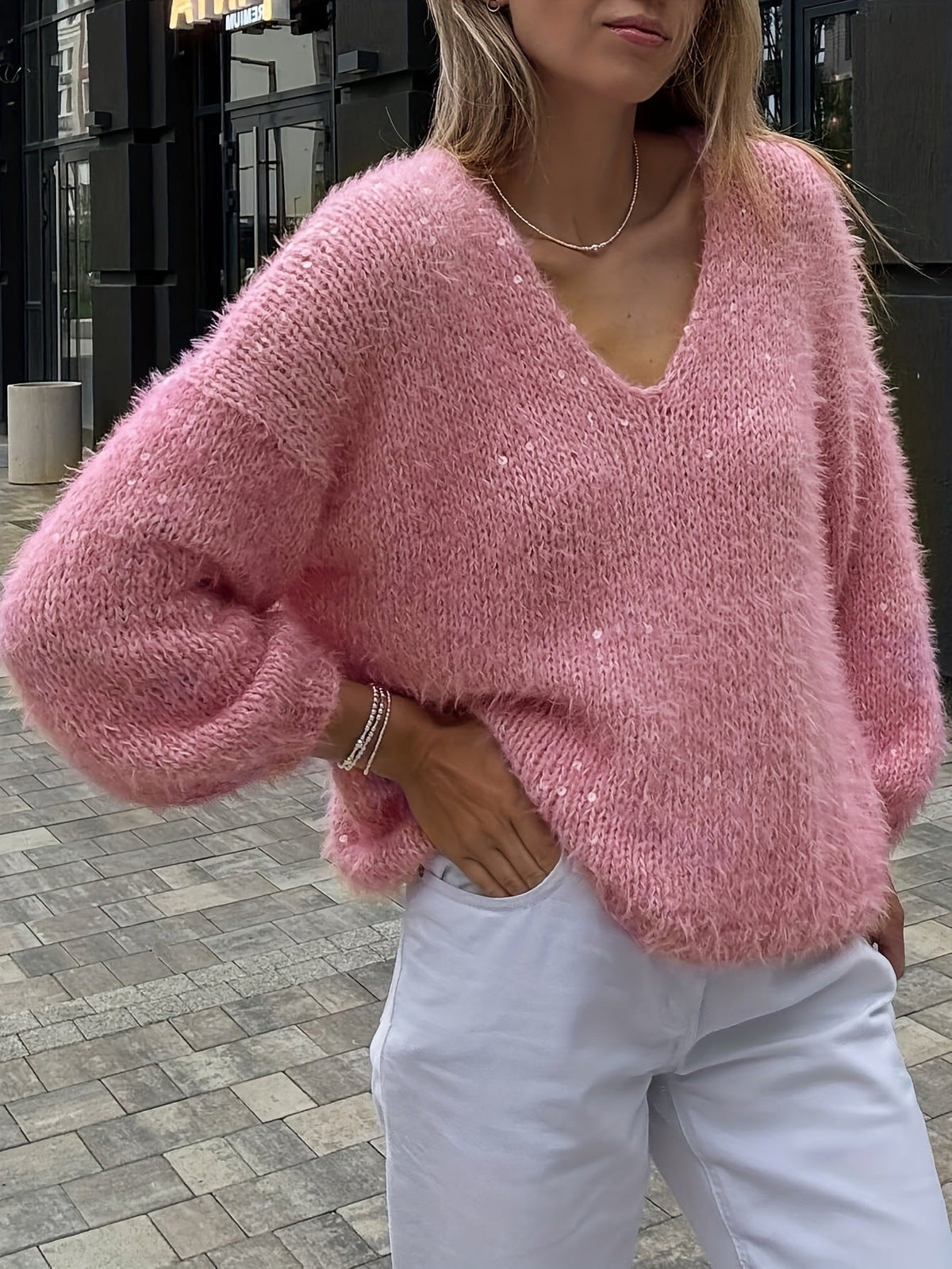 Pink Sequined Knit Sweater