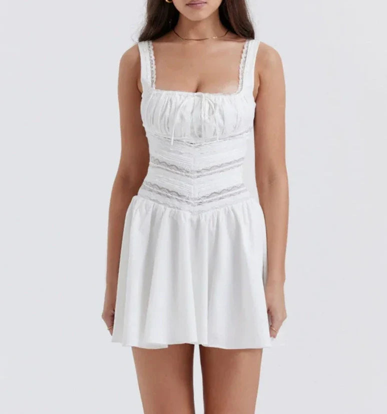 White Square Neckline Lace Mini Dress