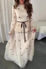 White Embroidery Butterfly Long Sleeves Maxi Dress