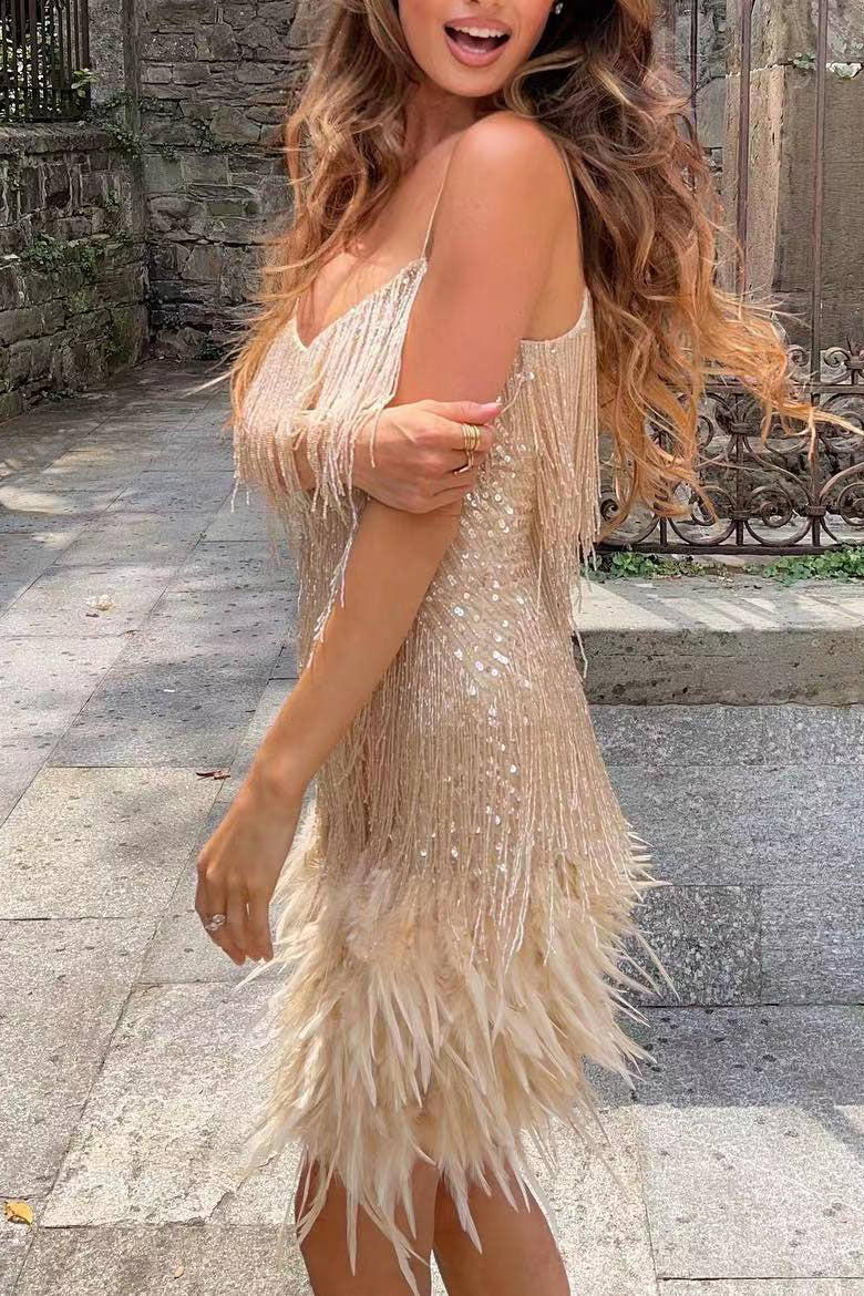 Fringed Sequined Feather-paneled Mini Dress
