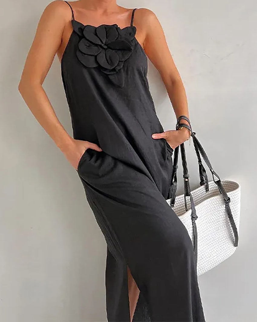 Rosette Embellished Linen Slip Dress