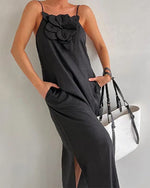 Rosette Embellished Linen Slip Dress