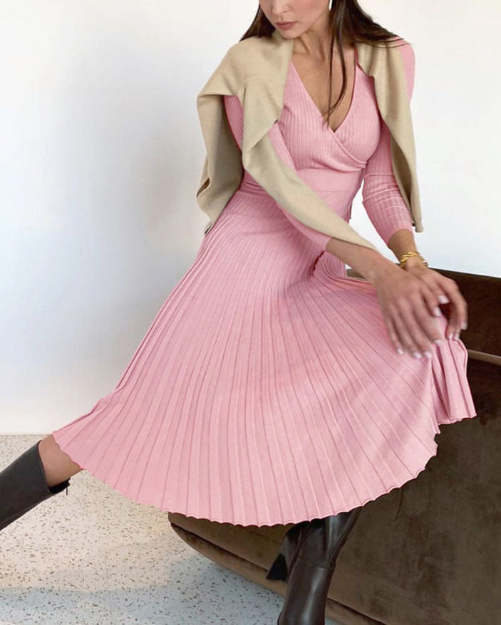 Surplice Long Sleeves Knit Midi Dress