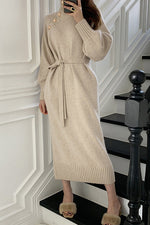 Buttoned Trim Knit Long Sleeves Sweater Dress