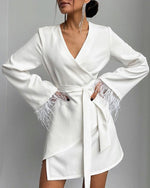 White Tassel Cuff Long Sleeve Wrap Coat