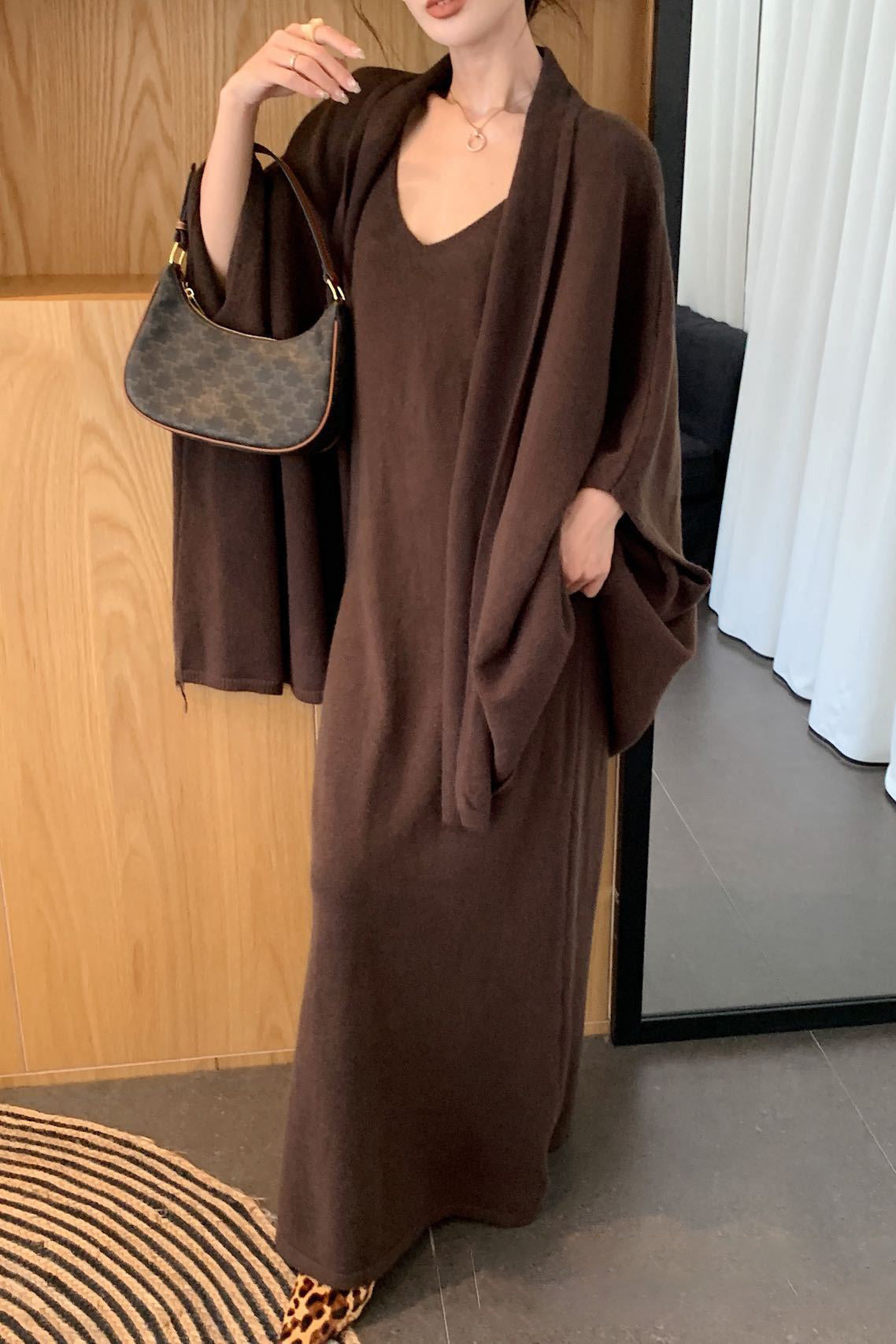 Chic Shawl Coat and Midi Dress Knit Two Piece Suit