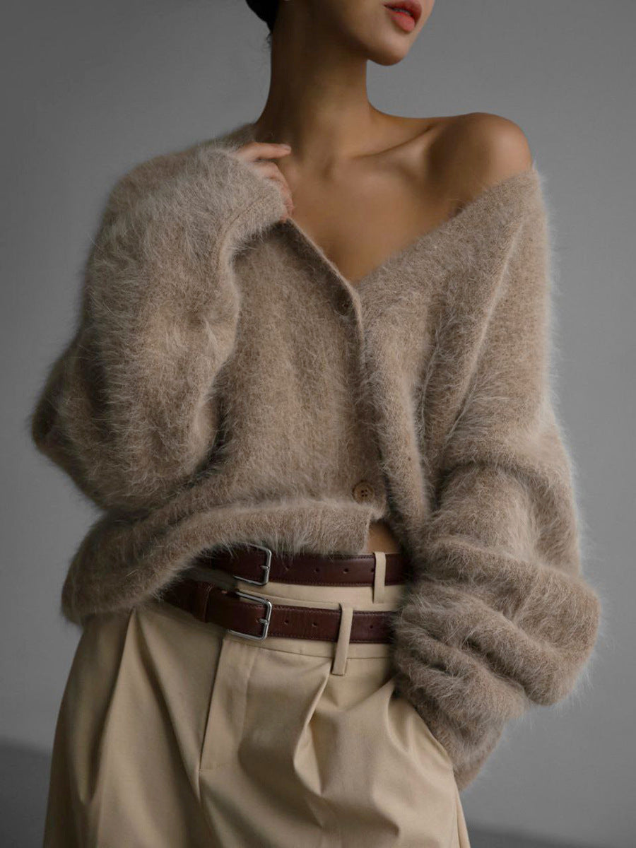 Fuzzy Long Sleeve Buttoned Knit Cardigan