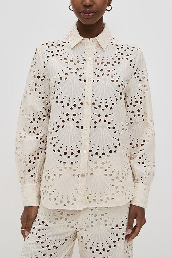 Beige Crochet Lace Button Down Shirt and Trousers Two-Piece Suits