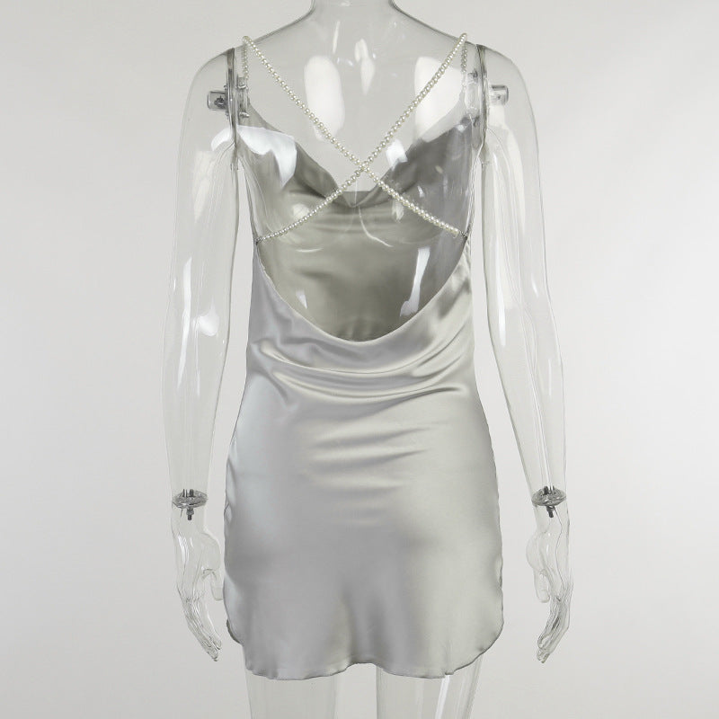 Satin Drapery Neckline Backless Mini Dress