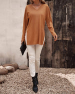 Solid Long-sleeved Side Split T-shirt