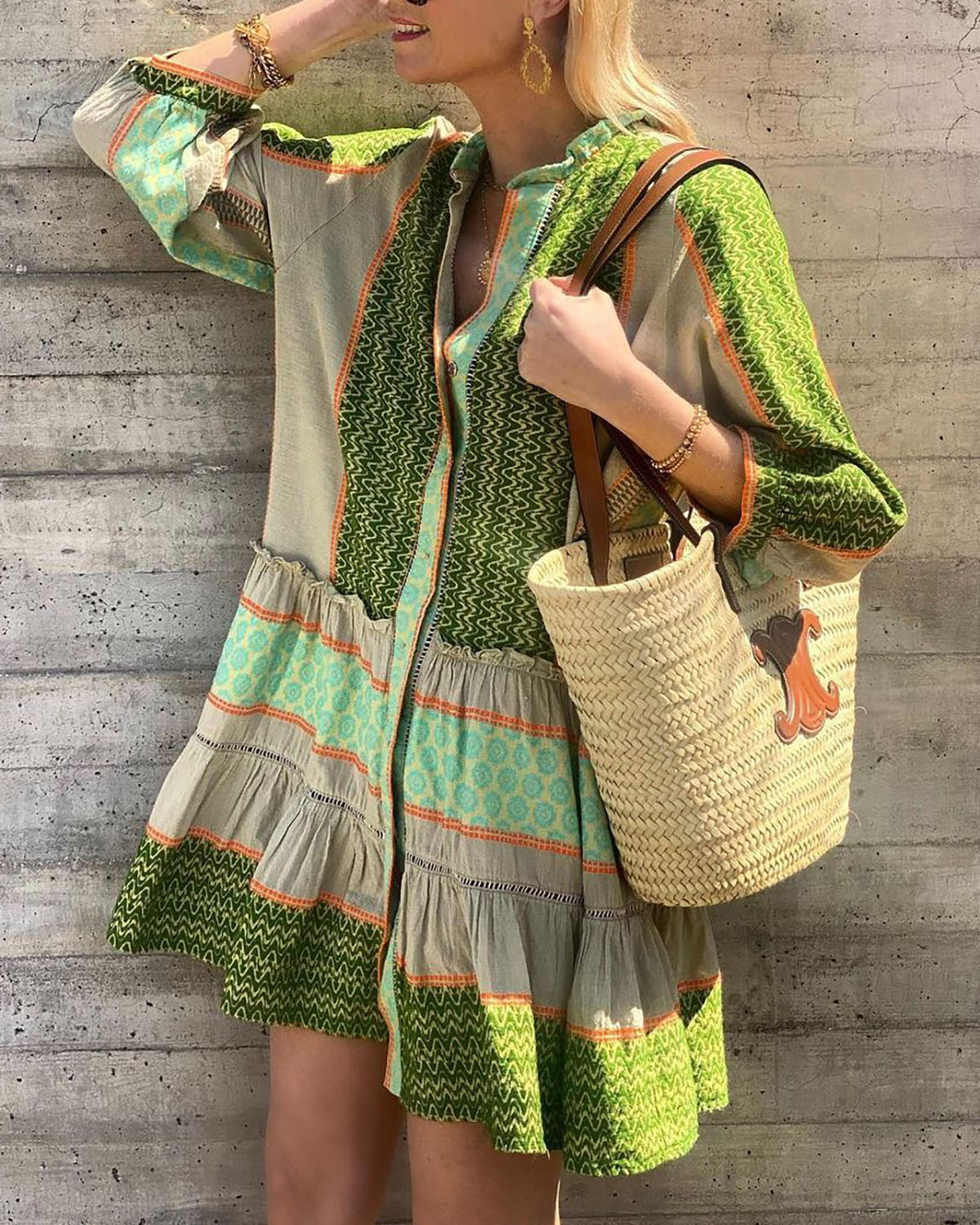 Green Tribal Print Shirt Mini Dress