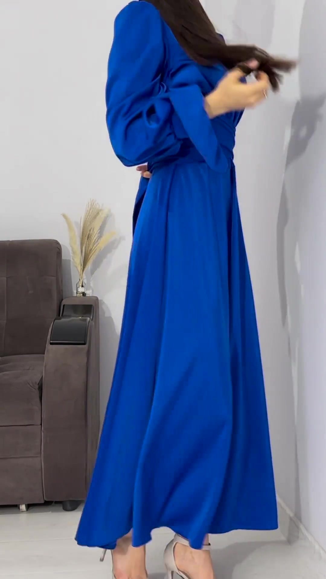 Elegant Long-sleeved Satin Maxi Dress