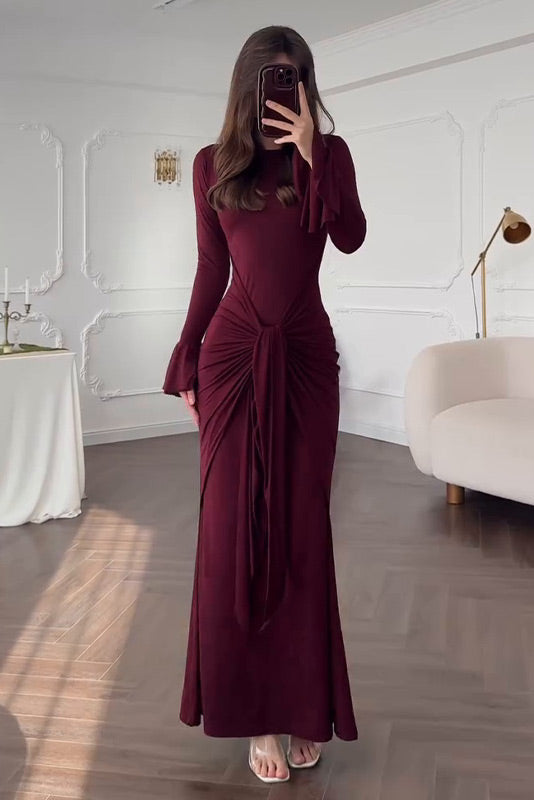 Fashionable Long Sleeves Waist Self-tie Maxi dress
