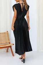 Satin Pleated V-Neck Midi Dress