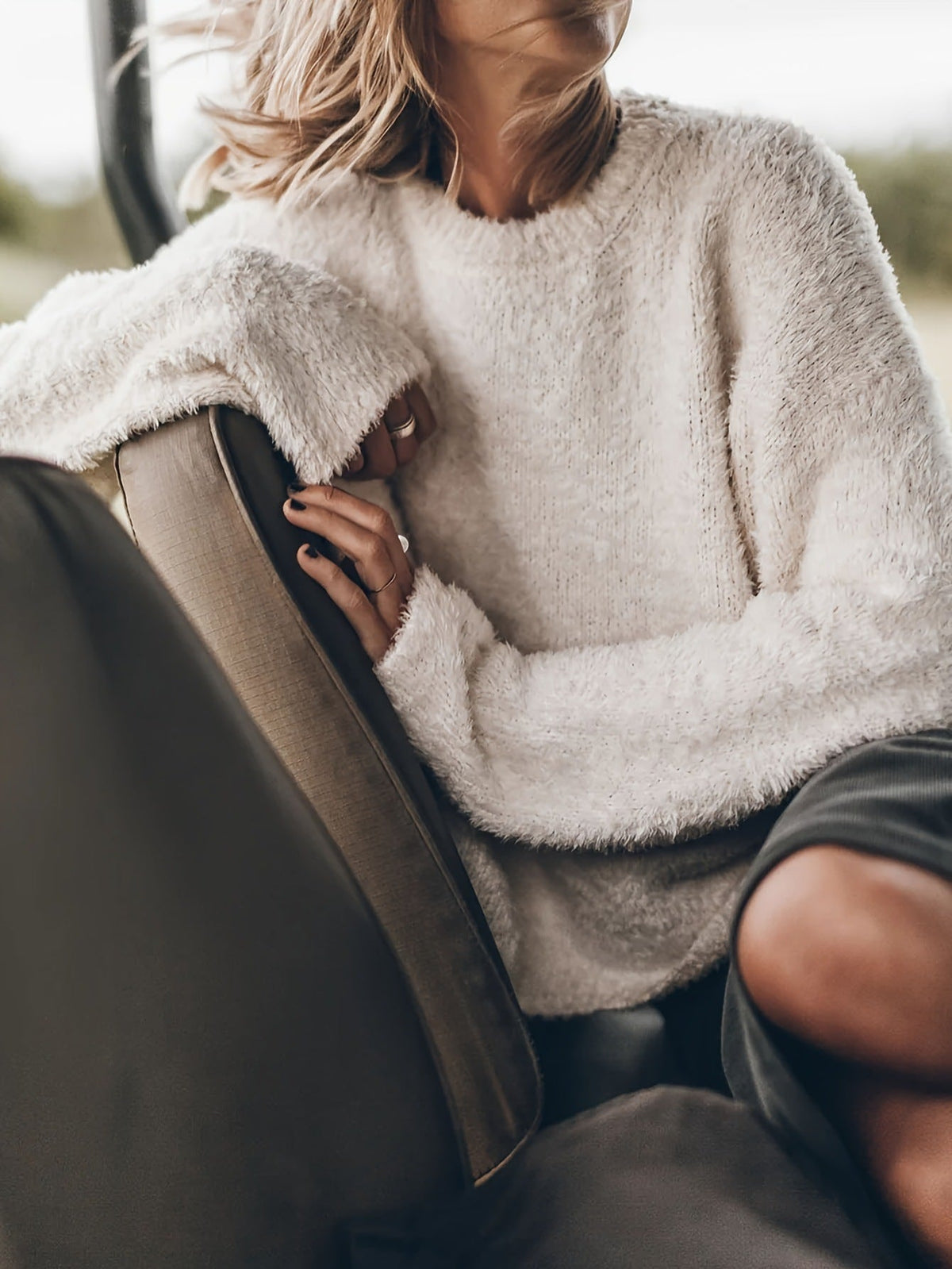 White Plush Crewneck Pullover Knit Sweater