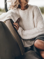 White Plush Crewneck Pullover Knit Sweater