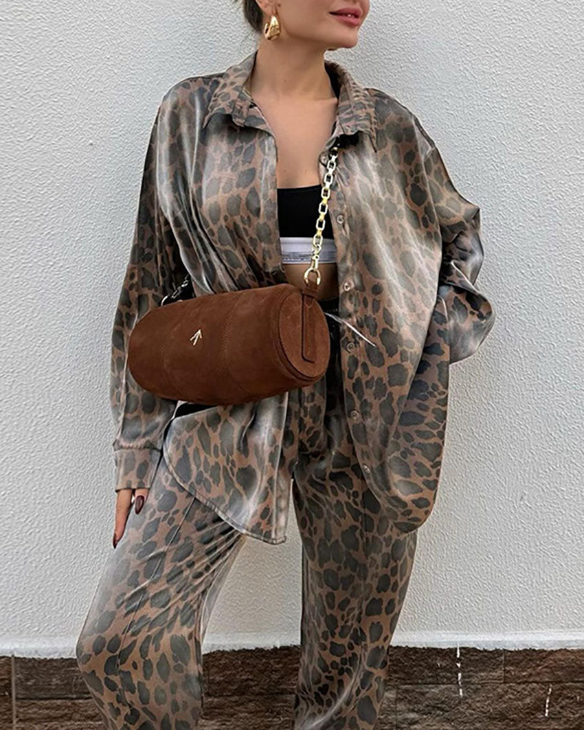 Leopard Print Shirt and Pants Two Piece Suit