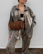 Leopard Print Shirt and Pants Two Piece Suit