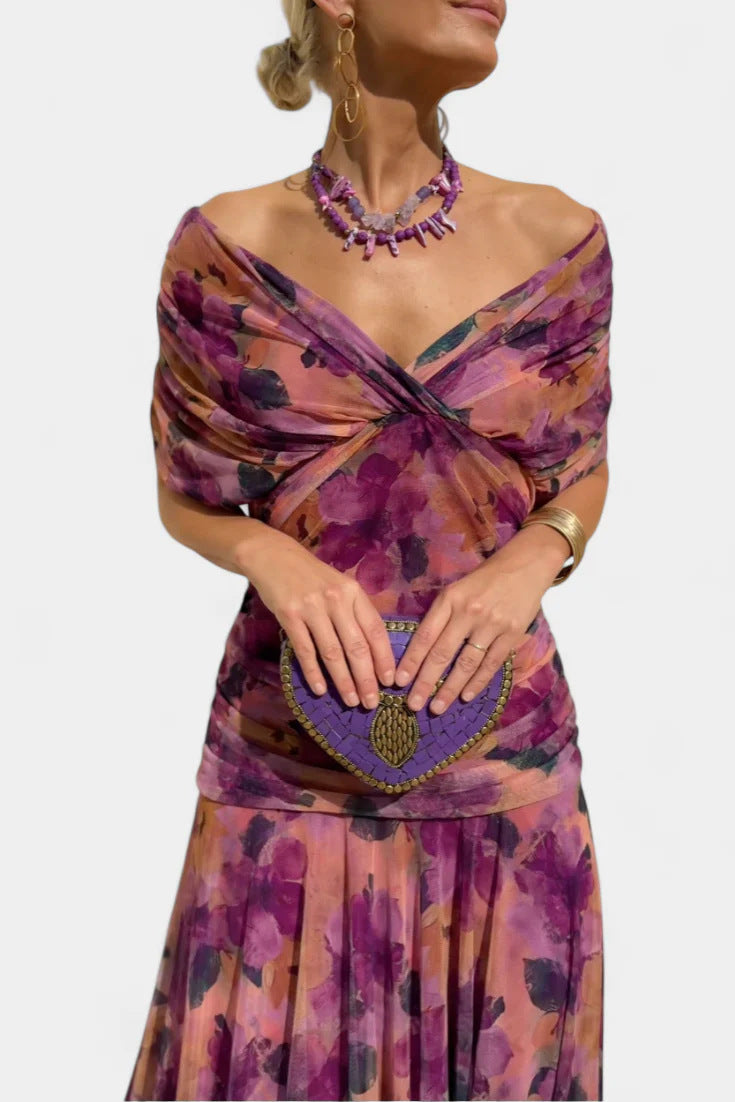 Purple Floral Crossover Neckline Maxi Dress