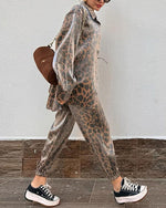 Leopard Print Shirt and Pants Two Piece Suit