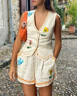 Beige Floral Vest and Shorts Linen Two Piece Suit